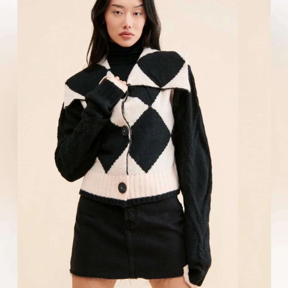 FREE PEOPLE WE THE FREE Joy Diamond Polo Cardigan Sweater in Black Cream size XS